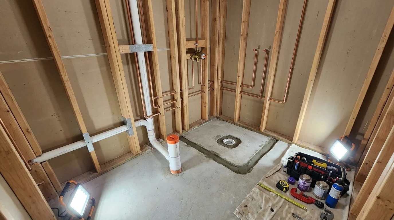 Bathroom rough-in plumbing during remodel by Johns Plumbing LLC in Belgrade