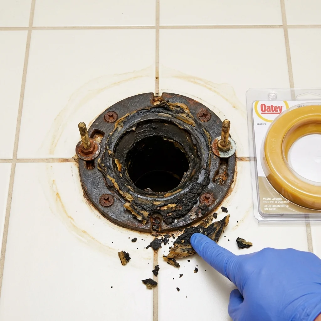 Failed wax ring showing water seepage at the base of a toilet in a Belgrade, MT home